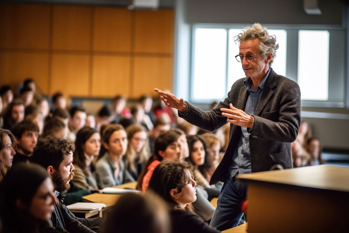 A professor with students in a classroom