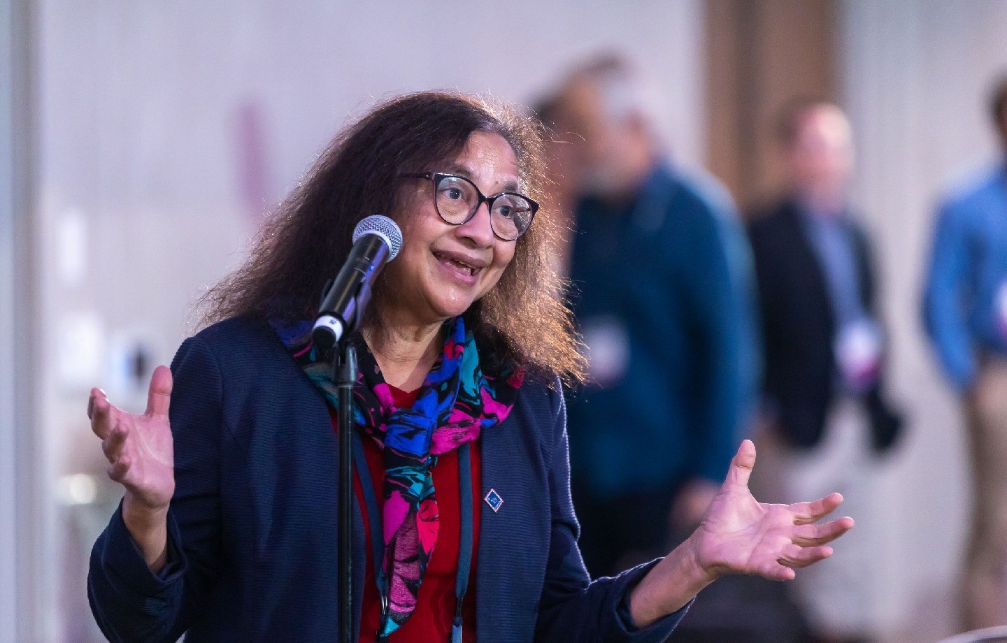 An attendee speaking at an APS meeting