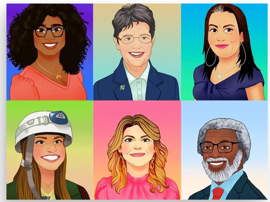 6 illustrated headshots.