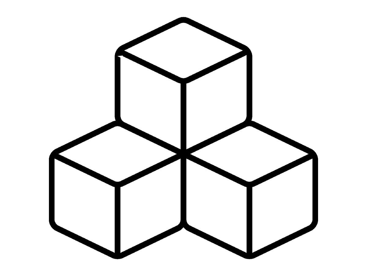 Black outline of three cubes connected.