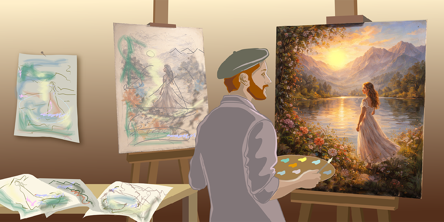 A colorful illustration showing a painter at an easel with a beautiful painting, with drafts around him.