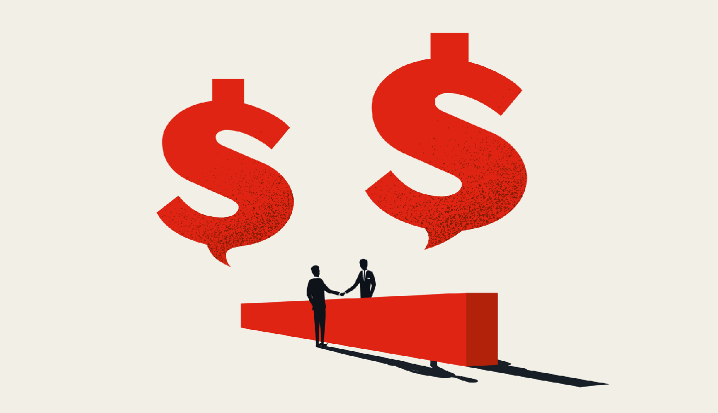 Simple illustration of two people, casting long shadows, shaking hands over a wall, with money symbols above them..