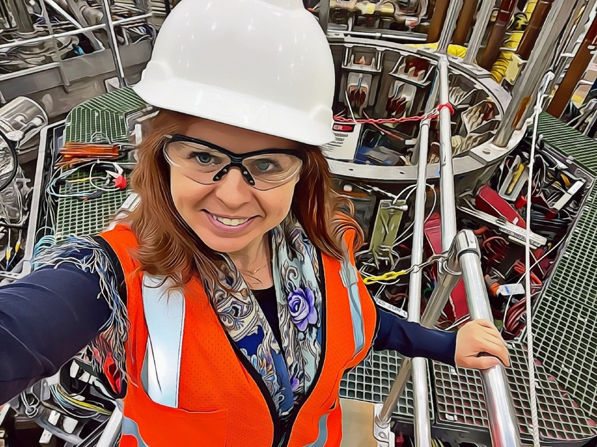 A woman with a hard hat