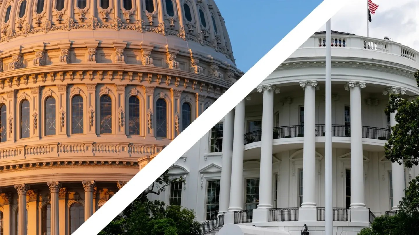 A graphic showing both the Capitol Building and the White House.