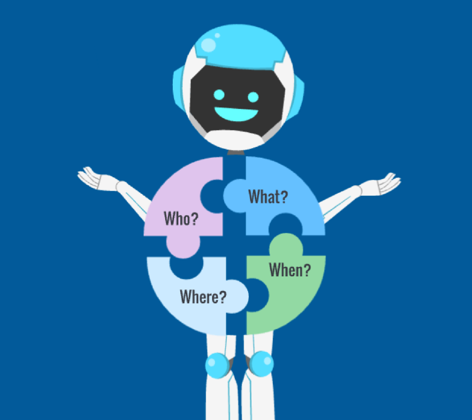 The APS Ethics Bot, a mascot for the e-learning courses. The character depicts a futuristic and friendly robot made up of puzzle pieces reading, "Who? What? Where? When?"