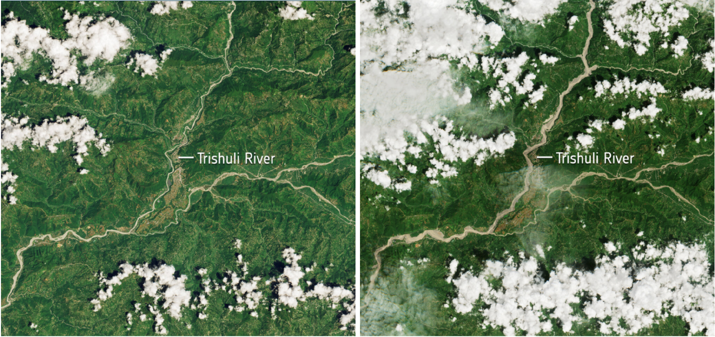 Two side-by-side satellite images of a river valley in Nepal, with the right image showing a river clearly swollen with water.