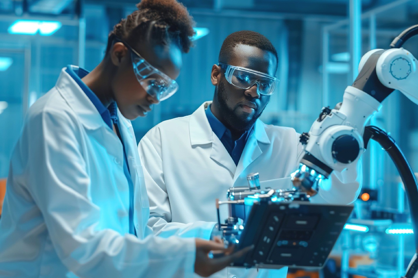 Two Black scientists in a robotics lab