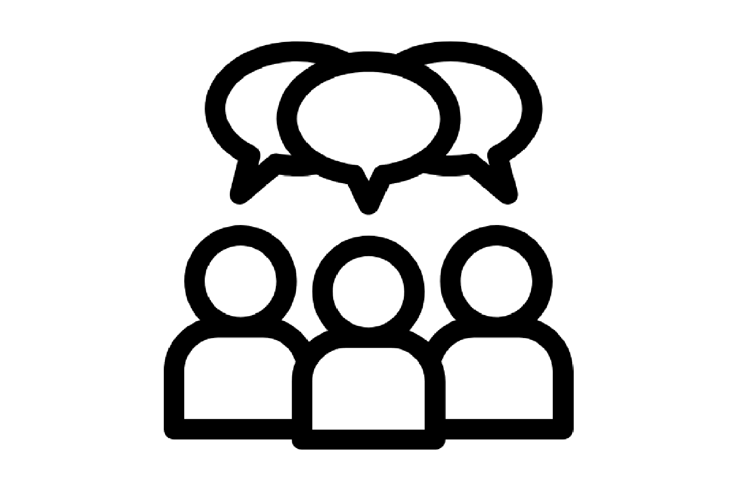 Illustration of 3 figures with chat bubbles above their heads.