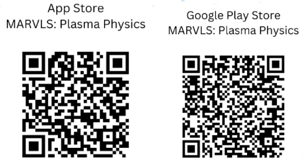 App Store and Google Play Store QR codes for MARVL Plasma Physics